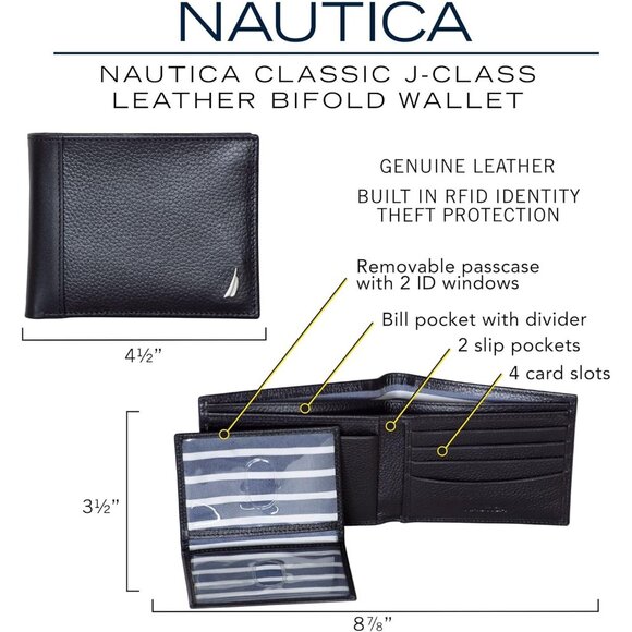 Nautica Men's Bifold Leather Wallet Black RFID Blocking ID Window Card Slots - Picture 6 of 6